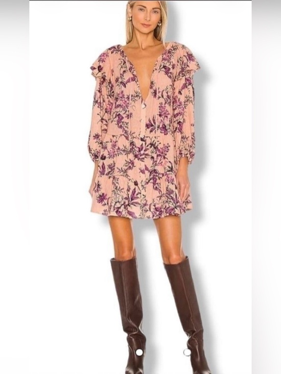 Free People Dresses & Skirts - Free People Pink Floral Deep-V Ruffle Mini Dress